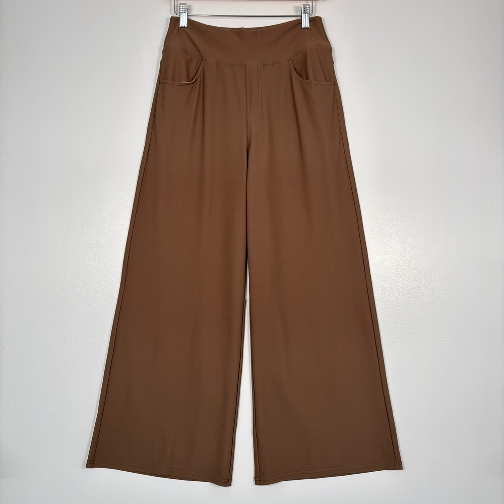 Halara Women Wide Leg Pants‎ Medium Petite Brown High Waisted Waffle Knit Office